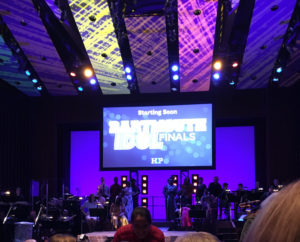 view of the stage with Dartmouth Idol Finals on the screen